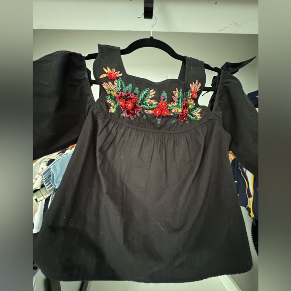Zara Tops - Zara Black Embellished Blouse with Red Floral Embroidery